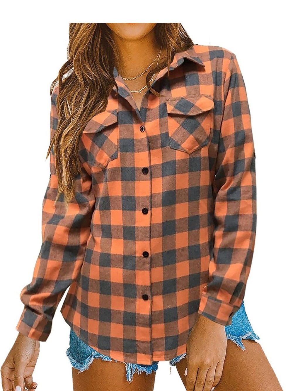 OYAMIKI Women’s Orange and Black Buffalo Plaid Button-Up Shirt